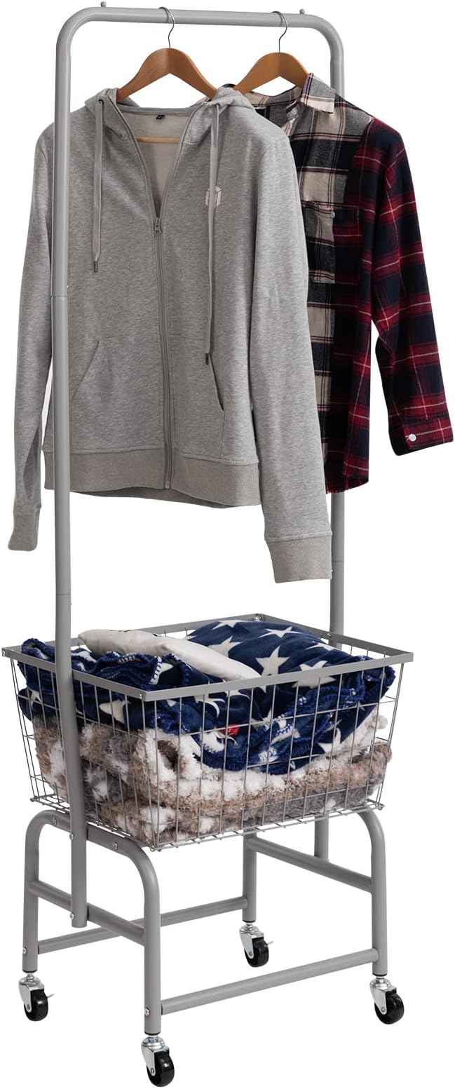 ALIMORDEN Laundry Cart with Clothes Rack, Rolling Laundry Butler with Wire Storage Rack，Grey