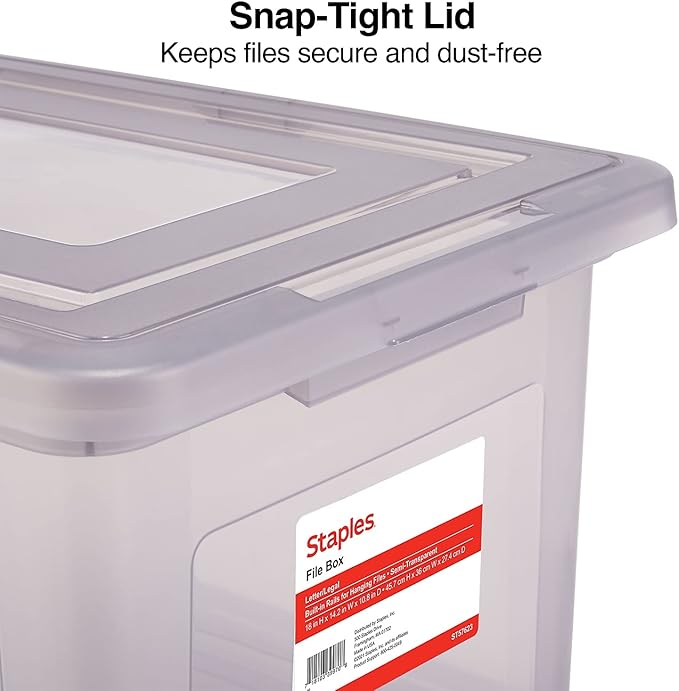 STAPLES Hanging File Folder Box, Storage Bin Organizer, Snap Lid, Letter & Legal Size Documents, Frost Gray