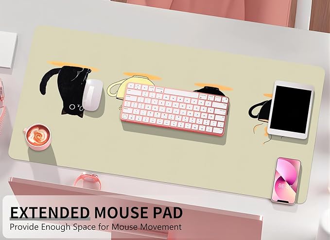 Bloss Leather Mouse Pad,Beige Anime Large Desk Pad,Cute Kawaii Cartoon Cat Desk Mats for Keyboard and Mouse,Waterproof Computer Laptop Desks Protector Mat for Office/Home/Women Gift,31.5" x 15.7"