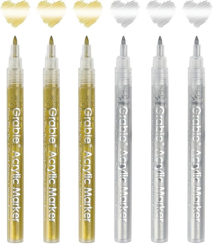 Grabie Gold&Silver Extra Fine Tip Acrylic Paint Marker Set, 6 Pack Gold Paint Markers, 0.7mm Acrylic Paint Pens for Black Paper, Halloween Pumpkin, Christmas DIY, Silver Pen(Gold&Silver)