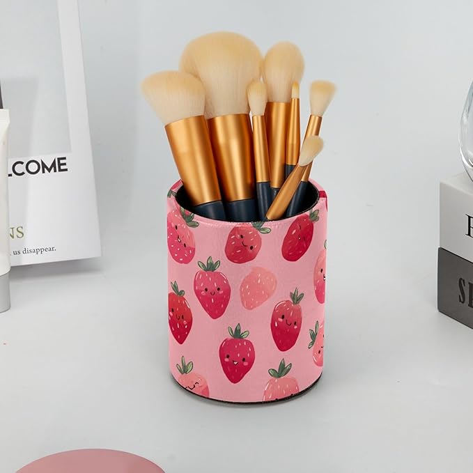 Leather Pen Holder for Desk Strawberry Cute Print Pencil Cup Desktop Organizer Makeup Brush Holders Office Supplies for Home, Kids & School