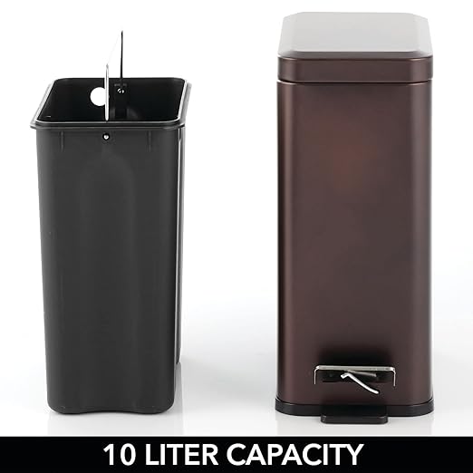 mDesign Pedal Bin — Waste Bin with Pedal, Lid and Plastic Bucket Insert for Bathroom, Kitchen, and Office — Metal Household Rubbish Bin with Ergonomic Design — Bronze