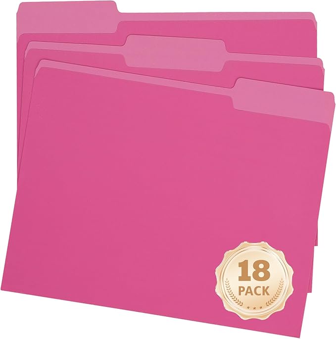 Pink File Folders 8.5 x 11 Inch,1/3 Cut Tab File Folders Letter Size,School Business Office Folders for Document -18 Pack