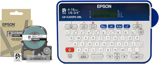 LABELWORKS Epson LW-K200PX-DBL Simple Labeler Bundle - QWERTY Label Makers and Black on Clear Matte Label Tape