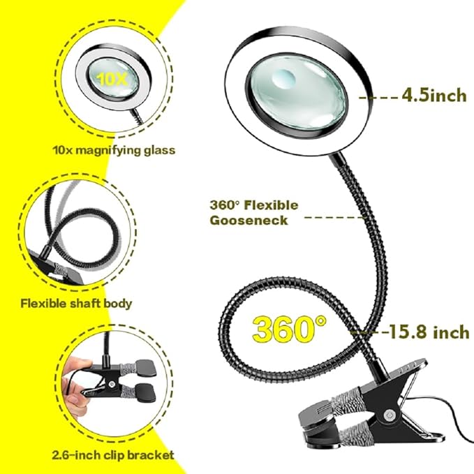 20X/10X Dual-Lens Magnifying Glass with Light and Timer, Combination Lens Magnifier with Light, 3 Color Modes, 2 in 1 Magnifying Desk Lamp for Craft Hobby Painting Sewing Close Work