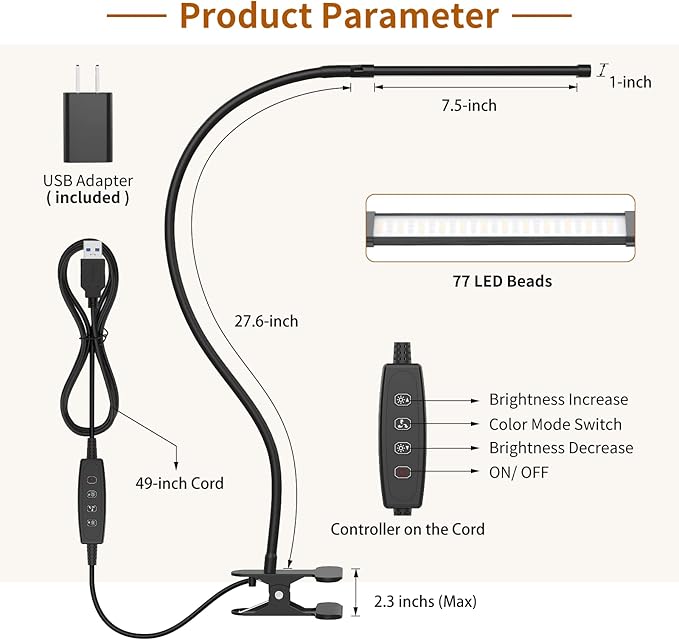 iZELL LED Desk Lamp for Home Office with Clamp [77 LEDs Light 3 Color Modes & 10 Brightness Levels] Flexible Gooseneck Book Lights, Easy Clip on Reading Headboard