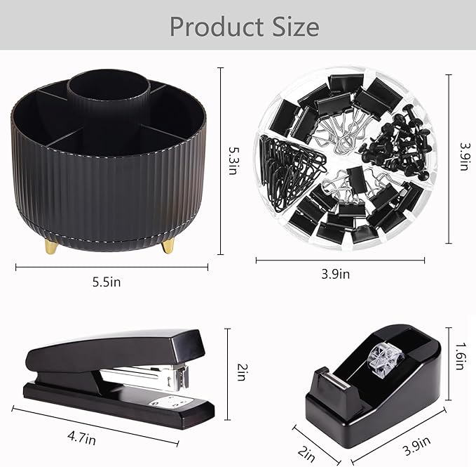 Office Supplies,Desk Accessories,with Stapler,Tape Dispenser,Staple Remover,Scissor,Ballpoint Pen,Sticky Notes,Clear Tape,Staples,Desk Organizer,Ruler,Binder,Best Gift Set(Black)