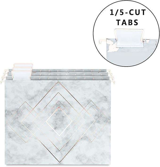 Y YOMA 12 Pack Rose Gold Hanging File Folders Letter Size Decorative File Folder Cute Pretty Hanging Folder Organizer for Filing Cabinet Office Home with 1/5-Cut Adjustable Tabs, 3 Marble Design