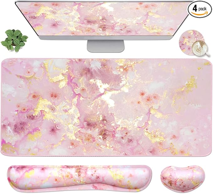 4-in-1 Large Gaming Mouse Pad, Keyboard Wrist Rest Pad & Wrist Support Mousepad Set, Extended Desk Pad Waterproof Desk Mat for Home Office Study Game-Pink Gold Marble