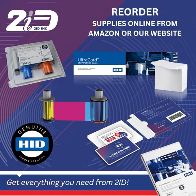 2ID - Fargo DTC4500e Dual Sided Badge Printer | 055100 | Full Bundle with Supplies | Professional Badge Machine for Corporate, Business, Student Badges, and More