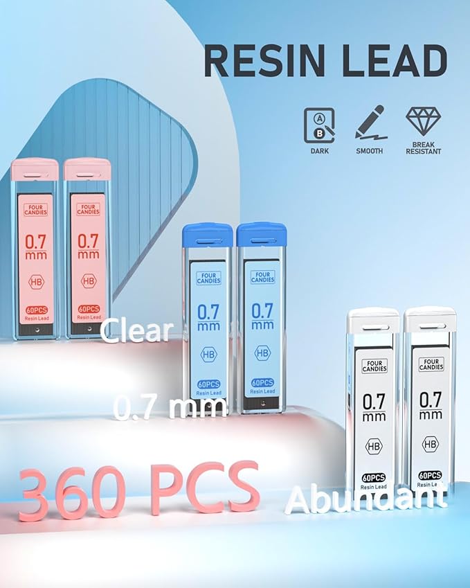 Four Candies Mechanical Pencil Set with Case, 3PCS Aesthetic Mechanical Pencils 0.7mm with 360PCS HB Lead Refills, 12PCS Erasers, Cute Mechanical Pencils for Writing, Drawing and Sketching