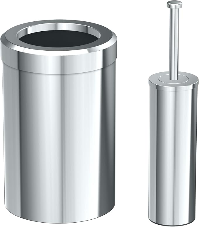 Gatco Modern Round Waste Basket and Toilet Brush Set, Chrome - Stainless Steel Trash Can with Removable Lid, Leakproof, 3 Gallon Capacity for Bathroom, Bedroom, Kitchen, or Office