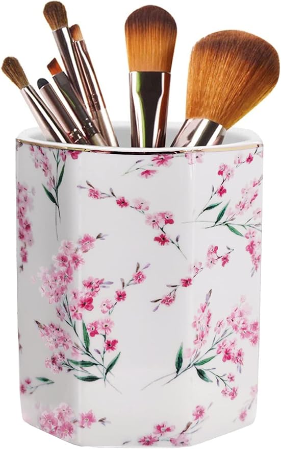 Pen Holder Stand for Desk Floral Pattern Pencil Cup for Girls Kids Durable Ceramic Desk Organizer Makeup Brush Holder for Office Classroom Home Pink Flowers