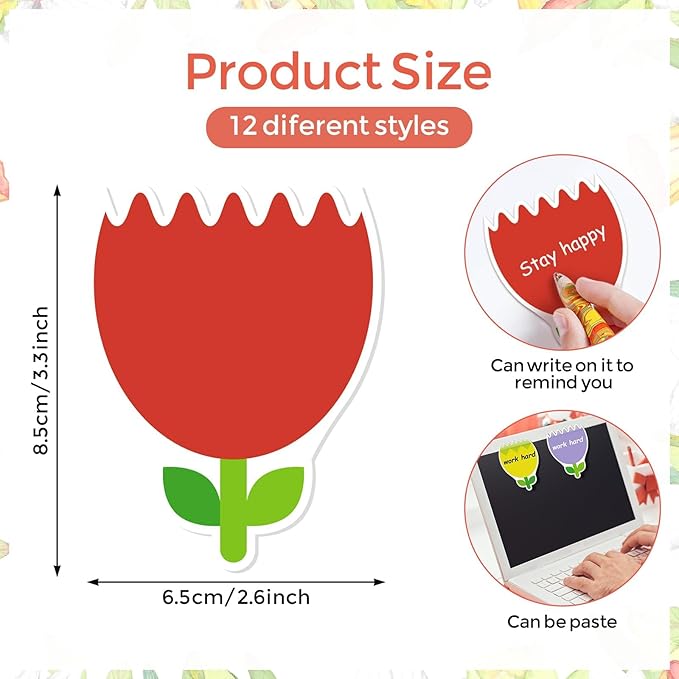 48 Pieces Spring Flowers Sticky Notes Tulips Florals Notes Pads Self-Adhesive Cute Flowers Sticky Memo Notes for Spring School Office Home Supplies Students Teachers Present