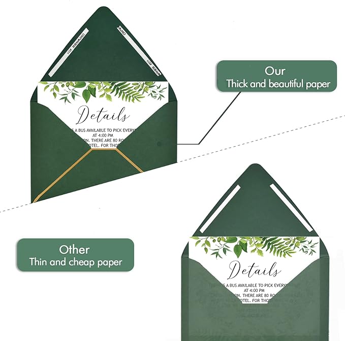 A6 Green Envelopes With Gold Border 4 x 6 - V flap, Quick Self Seal, For 4x6 Cards| Perfect for Weddings, Invitations, Photos, Graduation, Baby Shower，50 Pack (Green)