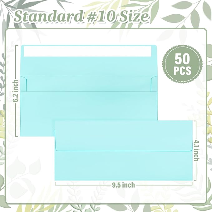 50 Pcs Light Blue #10 Business Envelopes, Self Seal Standard Envelopes, Windowless Business Mailing Envelopes for Office, Checks, Letters, Invoices, Statements, Wedding, Size 4-1/8 x 9-1/2 inch
