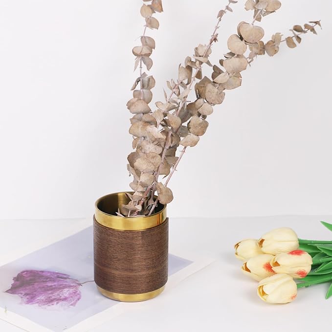 MultiBey Gold Pencil Holder Cup, Luxury Walnut Pen Holder Metal Organizer Small Vase, Offices Stationery Makeup Brushes Holder Decoration Desk Accessory for Office Home