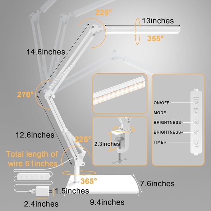 LED Desk Lamp with Clamp and Round Base,Eye Caring Table Lamp with Swing Arm,3 Color Modes 10 Brightness Levels,Memory Function,Desk Light for Home Office with USB Adapter White-14W