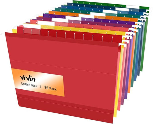 ViVin 20 Pack Letter Size Hanging File Folders with 20 Per Box, 1/5-Cut Adjustable Tabs, 2 Inch Expansion, Hanging Folders Designed for Office Bulky Files, Filing Cabinets(Multicolored)