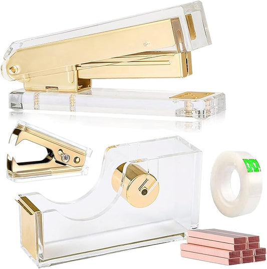 Acrylic Gold Tape Dispenser Gold Desktop Stapler, Acrylic Office Supplies Includes Staple Remover, Tape, 1000pcs Staples Desk Accessory Kit, Cute Office Stapler Set for Modern Design Office Desktop