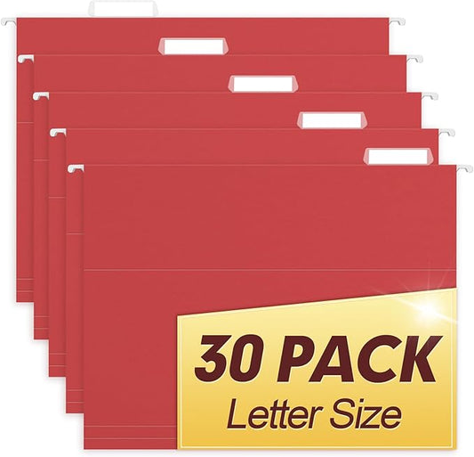 HERKKA Hanging File Folders, 30 Pack Reinforced Letter Size Hanging Folders, Designed for Bulky Files, Filing Cabinet, 1/5-Cut Adjustable Tabs (Red)