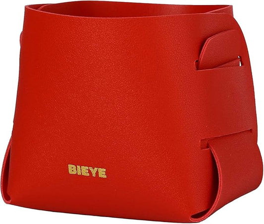 Bieye LSB004 Collapsible Leather Storage Bin Decorative Desk Organizer for Jewelry Makeup Pen Pencil Glasses Remote Controller Storage (Red, 4" WX4 LX4 H)