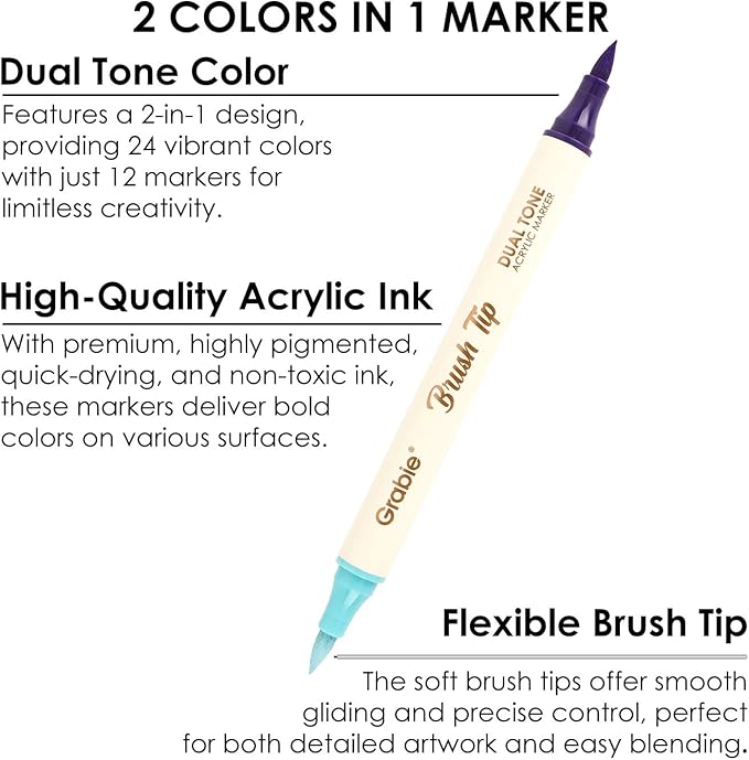 Grabie 24 Colors Paint Markers, Acrylic Paint Pens with 12 Dual-Color Brush Tips, Dual Tone Acrylic Markers for Rocks, Acrylic Paint Markers for Art Supplies (24 Dual Tone Colors)