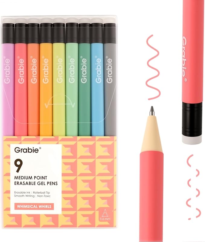 Grabie Erasable Gel Pens, 9 Colors Erasable Pens Multicolor, Make Mistakes Disappear, 0.6mm Medium Point Rollerball Tip Colored Pens for Drawing Writing Planner, Smooth Writing (Whimsical Whirls)
