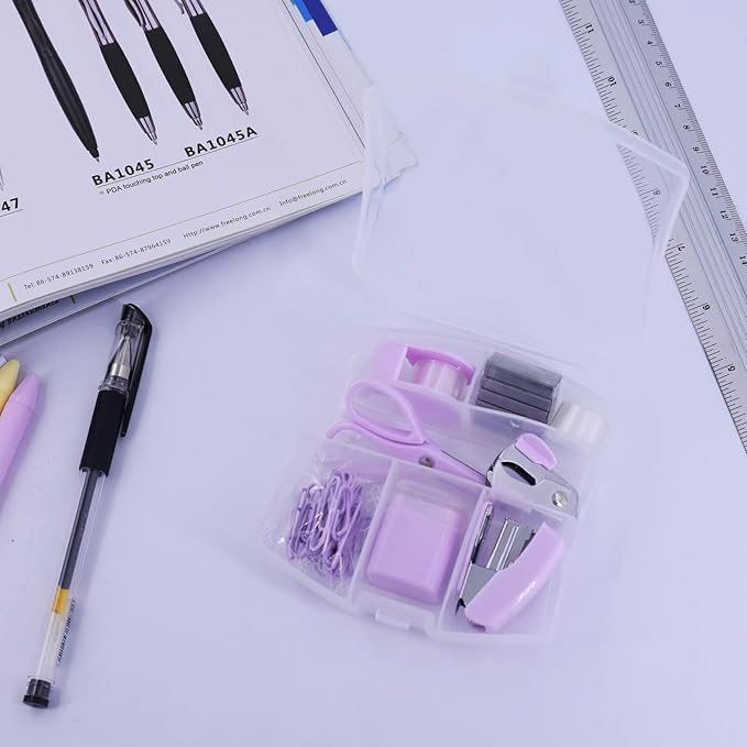 Mini Office Supply Kits – Includes Mini Stapler,Scissors, Staple Remover, Staples, Tape Dispenser (Purple)