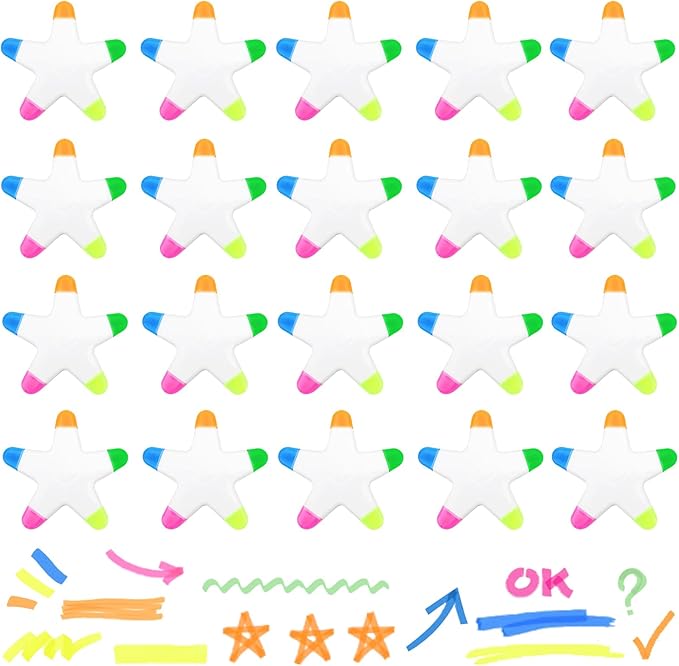 20 PCS Star Highlighters Bulk 5-in-1 Colorful Watercolor Highlighter Pens Assorted Colors Creative Star Shape Fluorescent Pens for School Office Travel Aesthetic Stationery Supplies