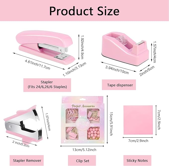 Office Supplies,Desk Accessories,Tape Holder,Stapler,Scissor,Staple Remover,Box of Binder Clips,Staples,Ballpoint Pen,Sticky Notes,Clear Tape,Ruler,Office Supplies Set Pink