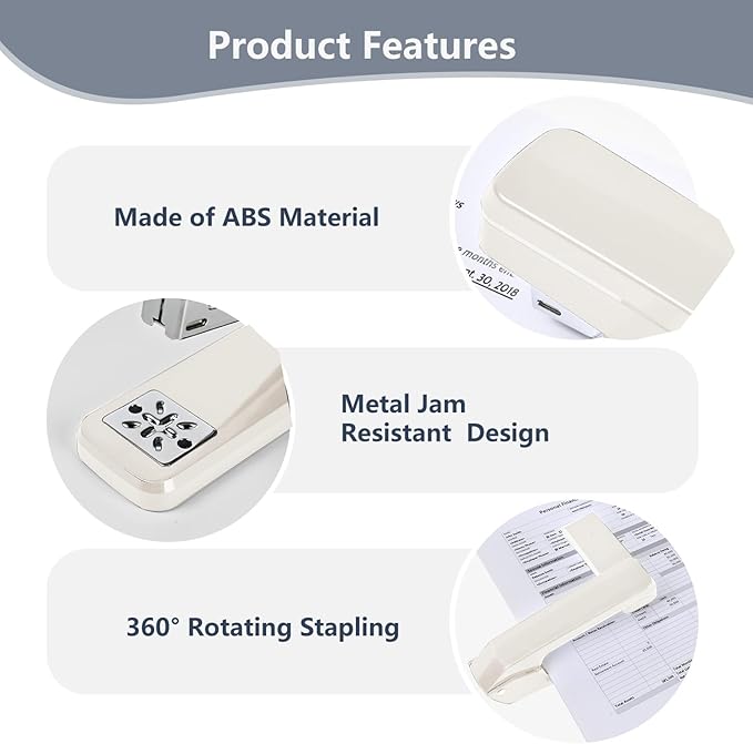 MJMX 360° Rotating Swing-Arm Stapler, 25-Sheet Capacity, with 1000 Staples, 8-Position Lock, ABS Durable Design, for Office/Home/School (Gray White)