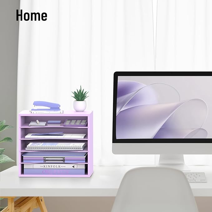 5-Tier Wood Desk Organizer, Paper Tray Organizer for Desk with Adjustable Storage Shelves, Desktop Paper Sorter Mail Holder for Office Home Classroom, Purple