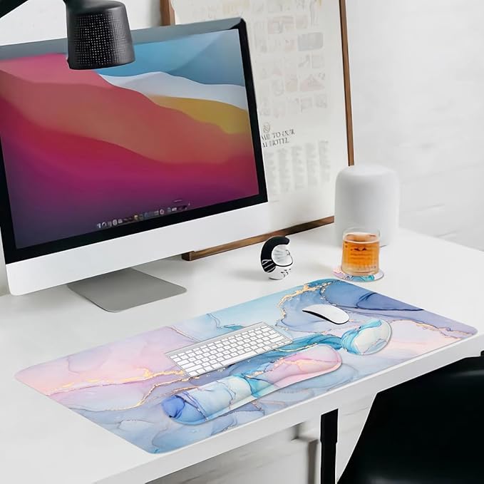 Ergonomic Large Mouse Pad and Keyboard Wrist Rest, Desk Pad for Keyboard and Mouse, 4-in-1 Large Gaming Mouse Pad with Wrist Support - Blue Marble