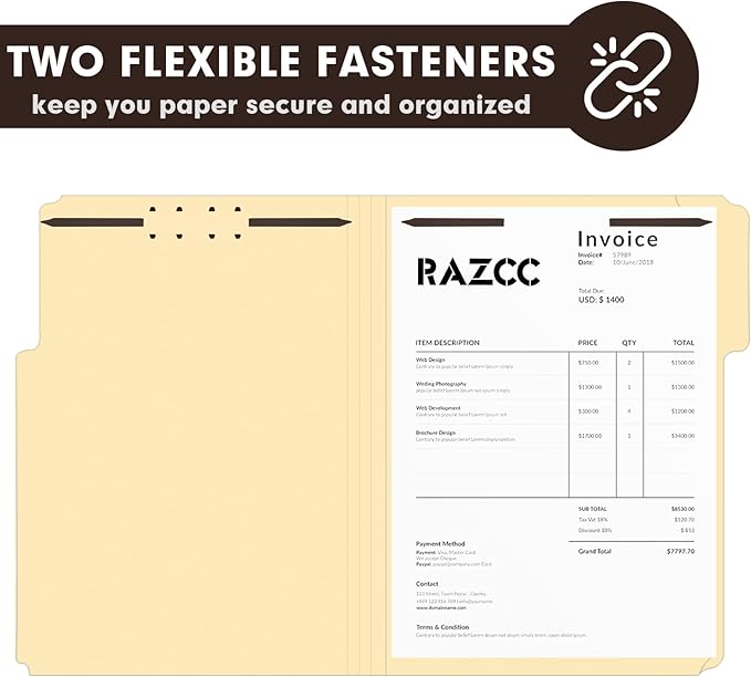 60 Pack Manila File Folders with Reinforced 1/3-Cut Tab and 2 Fasteners for Organizing Medical Files and Office Documents