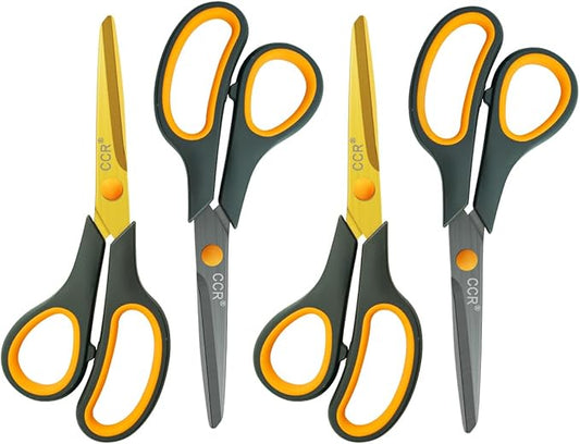CCR Scissors 8 Inch Soft Comfort-Grip Handles Sharp Titanium Coating Blades, 4-Pack