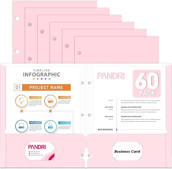 Two Pocket Portfolio Folders, PANDRI 60 Pack 3 Hole Punched 2 Pocket Folders for 3 Ring Binder, Letter Size Paper File Folder for School Office Home Business, Pink