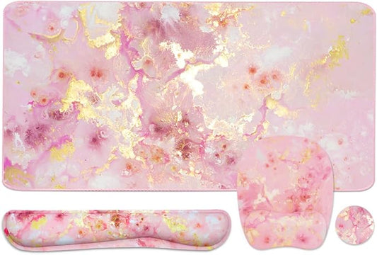 Keyboard Wrist Rest Large Mouse Pad Wrist Support for Computer, 4 in 1 Memory Foam Keyboard Pad Desk Mat Ergonomic Hand Rest Wrist Cushion for Home Office Gaming - Pink Gold