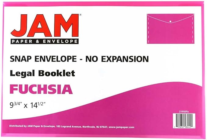 JAM PAPER Plastic Envelopes with Snap Closure - Legal Booklet - 9 3/4 x 14 1/2 - Fuchsia Pink - 12/Pack