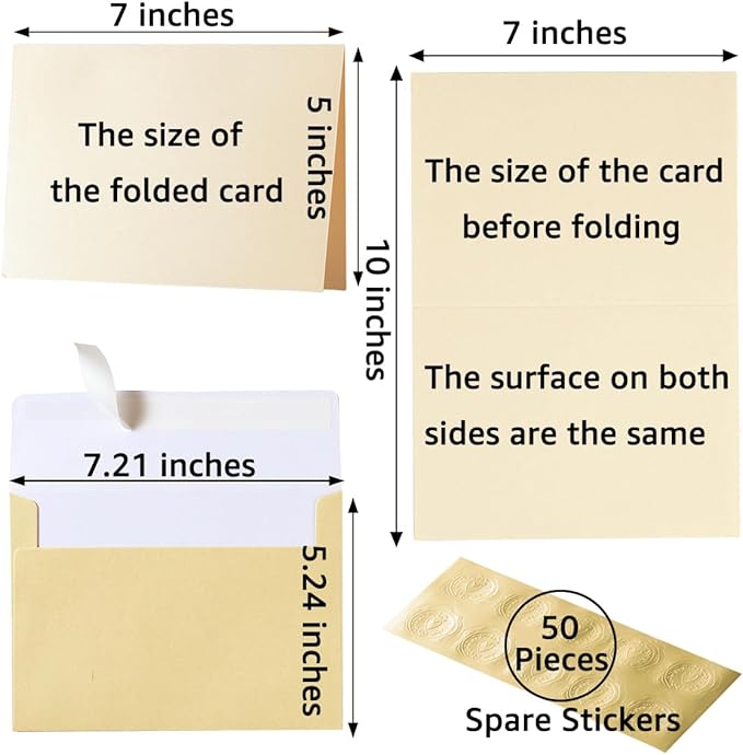 Wishop 50 Pack Shiny Self-Adhesive Envelopes with Shiny Fold Cards for Wedding Invitations, Greeting Cards, Baby Shower, Letter Mailing (Cream Color, 5x7)