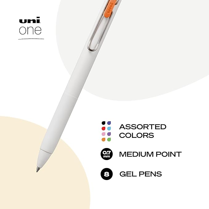 uniball uniONE Gel Pen, Retractable, Medium 0.7 mm, Inspirational Ink-Color Assortment, White Barrel, 8/Pack