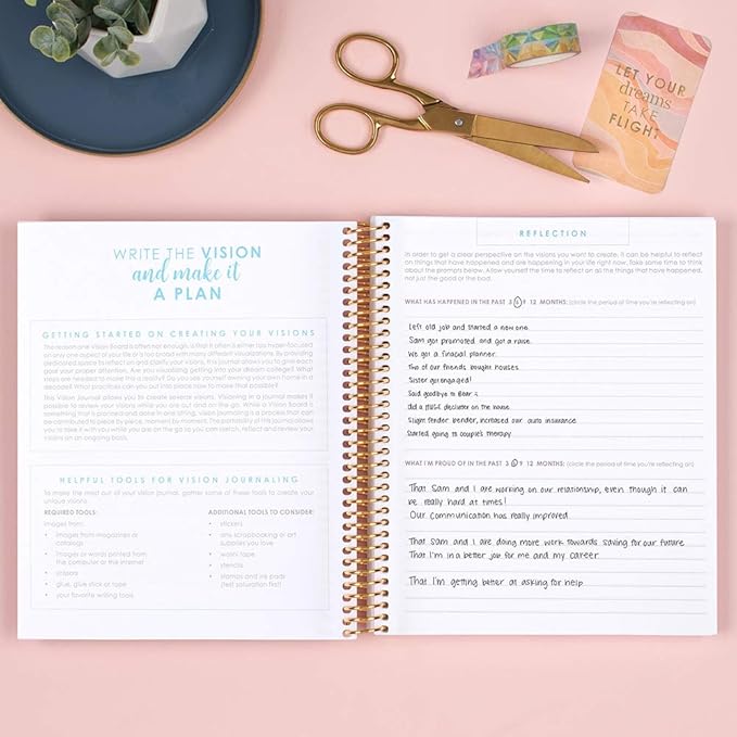 Erin Condren 7" x 9" Prompted Vision Journal - Cherry Blossom Changeable Cover w/Rose Gold Coil. Vision Spreads, Lined, Dot grid, Sketchbook pages w/ 160 pg/80 Sheets of 80# Mohawk Paper