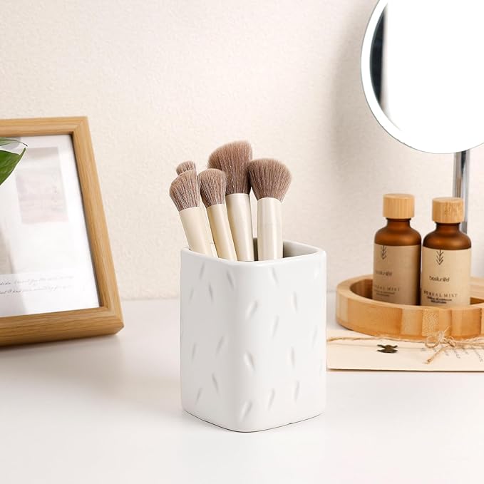 Ceramic Pen Holder for Desk, Makeup Brush Holder, Pencil Holder Stand, Pencil Cup Pot with Raindrop Design, Dual Use Desktop Organizer for Office, Home, School, Vanity