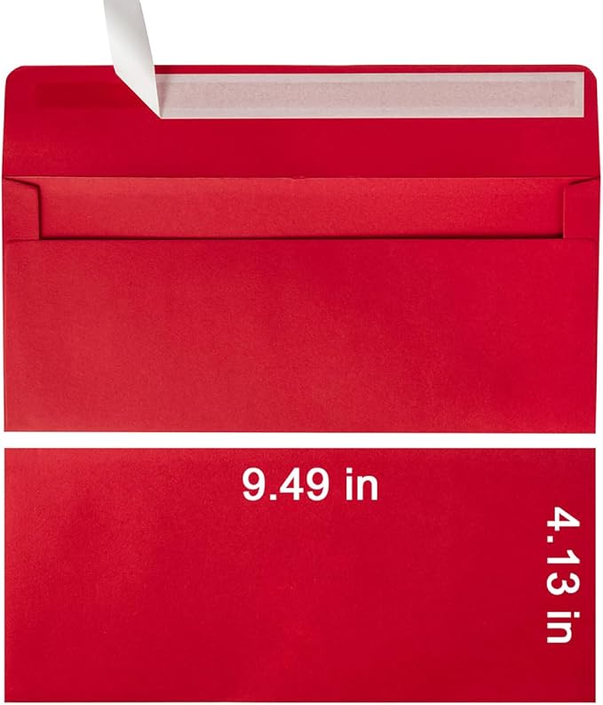 Wishop 50 Pack #10 Business Envelopes Self Seal 4x9 Standard Envelopes for Business, Invoices, Letter Mailing, 4 1/8 x 9 1/2 Inches (Red, 4.13 x 9.49)