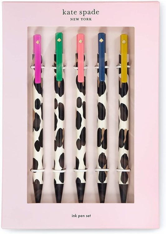 kate spade new york Black Ink Pen Set of 5, Cute Leopard Click Pens, Plastic Retractable Pens for Writing and Journaling, Forest Feline