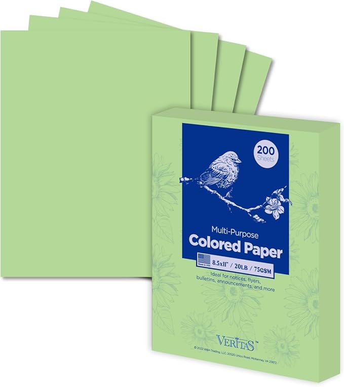 Veritas Colored Copy Paper, Green Colored Printer Paper 8.5” x 11”, 20 lb / 75 GSM, 200 Sheets (1 Reams) Computer Paper, Multi-Purpose paper, Made in USA