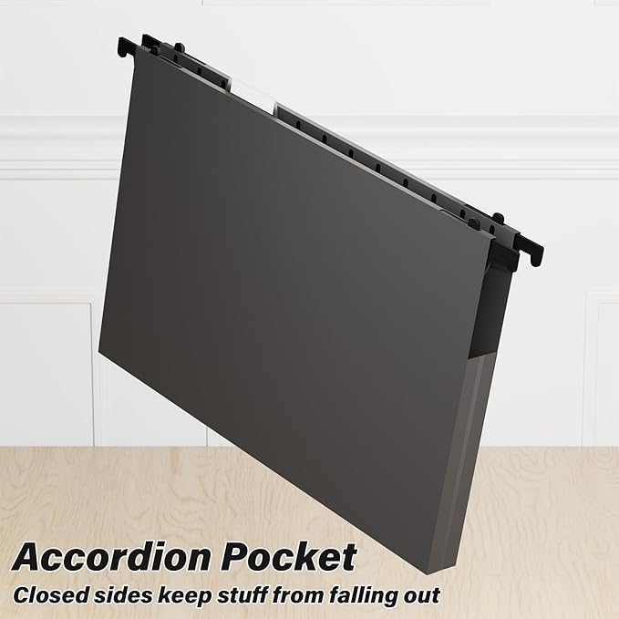 Ansook Extra Capacity Plastic Hanging File Folders,1" Expanding Accordian Pocket,Heavy Duty for Filing Cabinet, Hard and Durable Hang Folders,Insertable Tabs,Letter Size,Black- 12 Pack