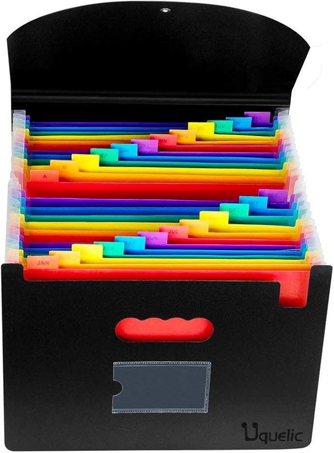 Uquelic 24 Pocket Expanding File Folder with Cover - Large Plastic Rainbow Expandable File Organizer Self Standing Accordion A4 Document Folder Wallet Briefcase Business Filing Box