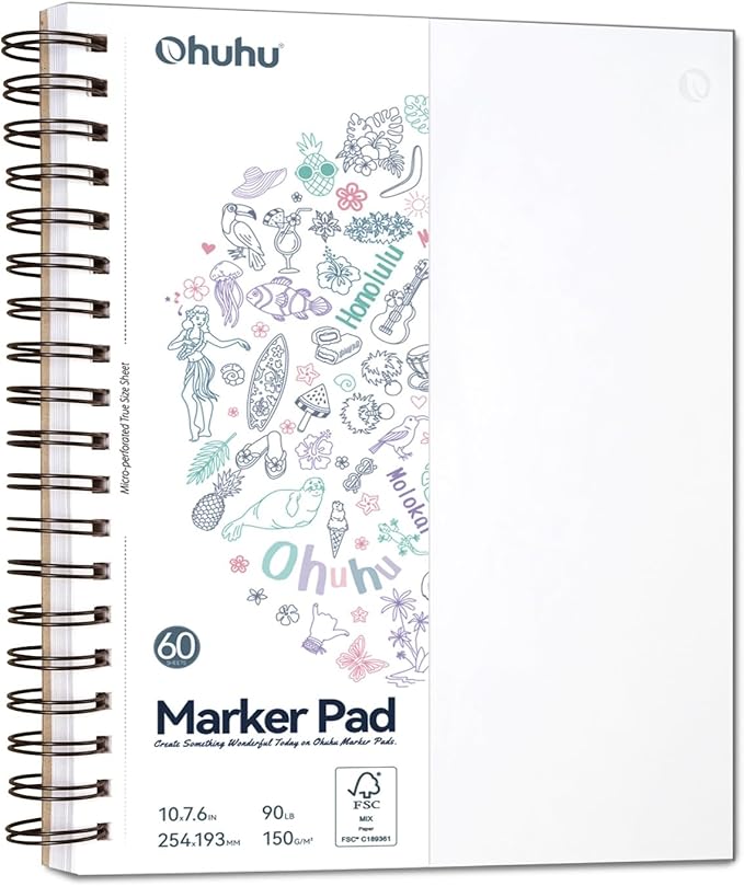 Ohuhu Double-Sided Marker Pad Art Sketchbook Bleedproof - 7"x10" Large Paper Size - 90 lb/150 gsm Smooth Drawing Paper - 60 Sheets/120 Pages - Spiral Bound Sketching Book for Alcohol Markers