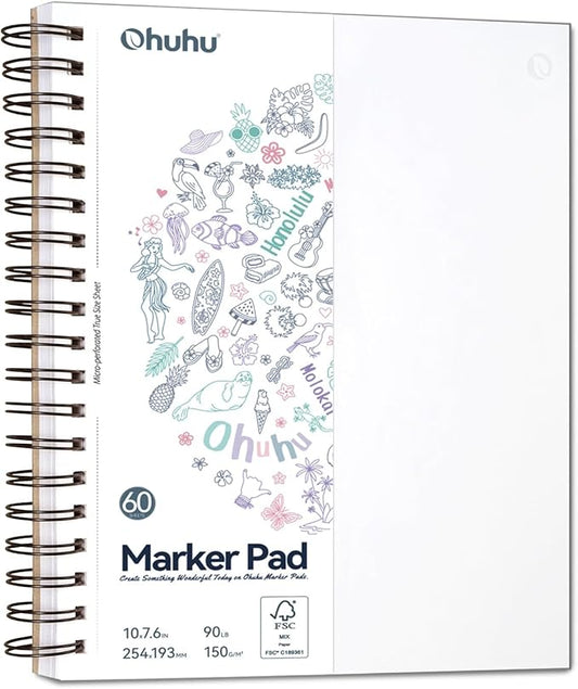 Ohuhu Double-Sided Marker Pad Art Sketchbook Bleedproof - 7"x10" Large Paper Size - 90 lb/150 gsm Smooth Drawing Paper - 60 Sheets/120 Pages - Spiral Bound Sketching Book for Alcohol Markers